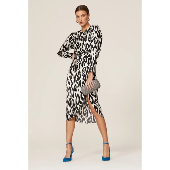 Ronny Kobo Jade Silk Midi Dress Animal Print Navy Blue White Womens Size Small - Picture 2 of 11